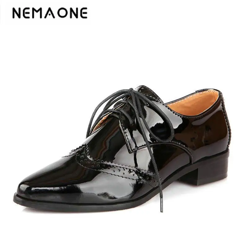 

Spring Autumn poined Toe Women Shoes Square Heels Lace Up Patent Leather Party Pumps Size 32-43 ladies casual shoes