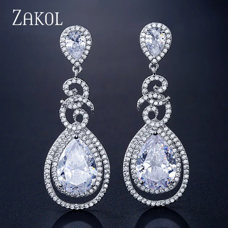

ZAKOL Luxury Water Drop Cubic Zircon Long Dangle Earrings for Elegant Women Bridal Wedding Jewelry Dress FSEP2267