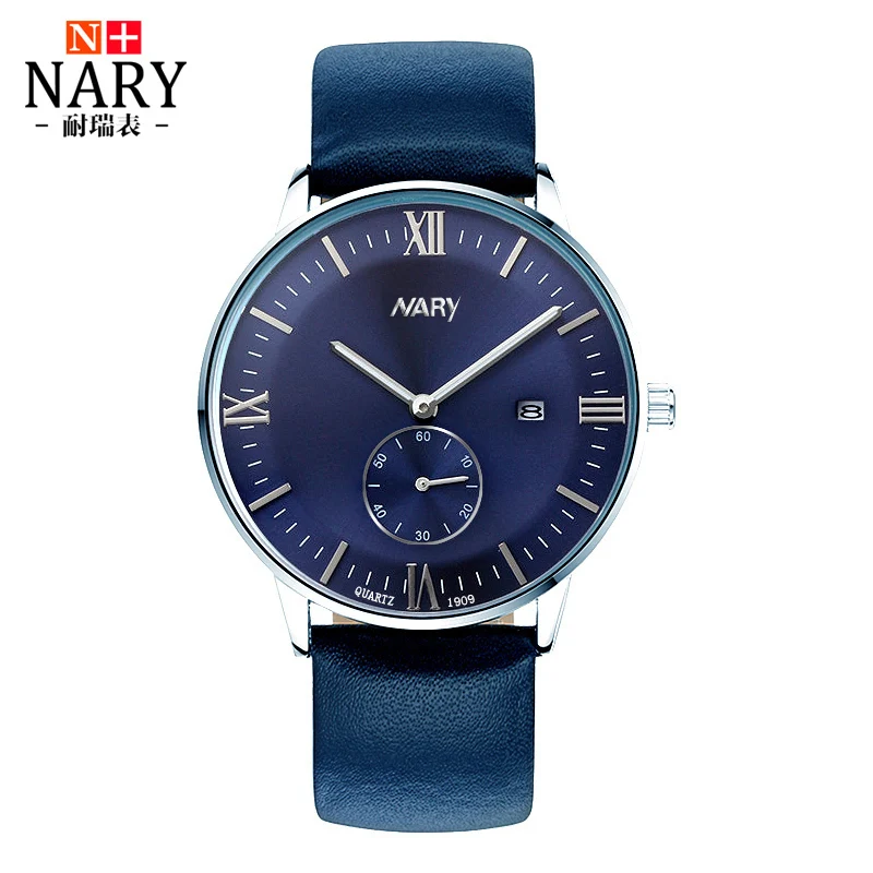 NARY Brand Fashion Men Watch Genuine Leather Strap Luminous hands WristWatch Retro Roman numerals Quartz Watch