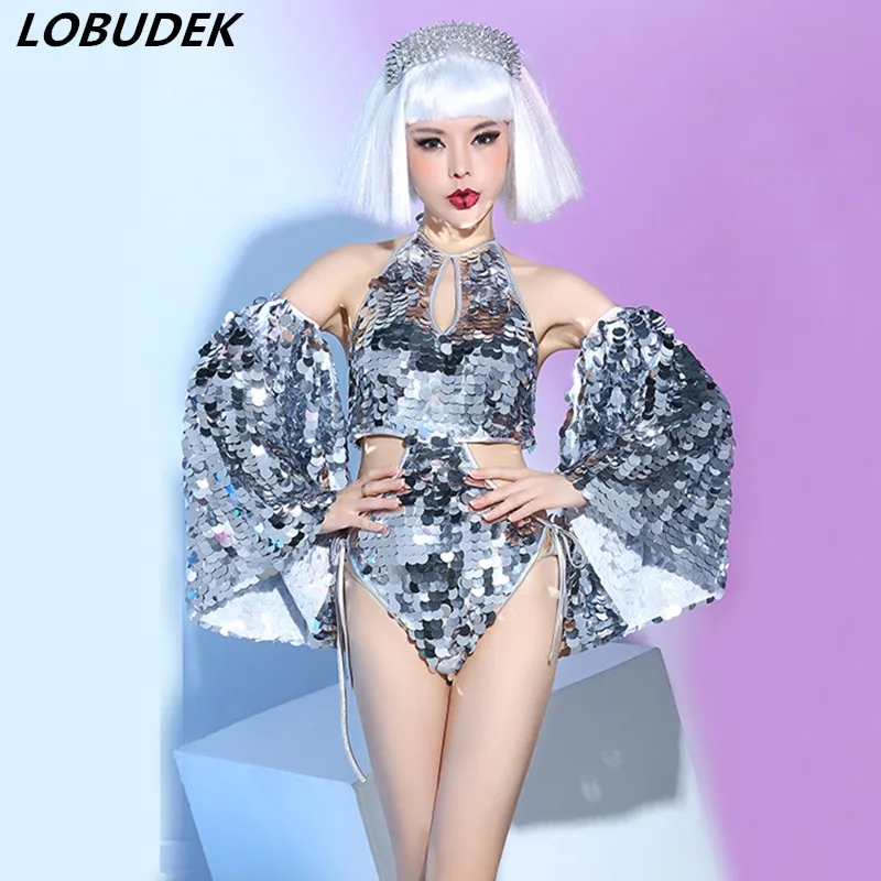 

Silver Red Sparkly Big Sequins Bodysuit Sexy Female Backless Costume Fashion Nightclub DJ Singer Stage Outfit Dance Show Clothes