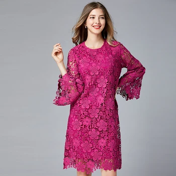 

2019 quality Elegant women floral lace dresses plus size O neck flare sleeves spring summer oversized lace sukol dress hot pink