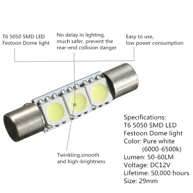 Новое поступление 29 мм T6 5050 SMD 3LED лампа для автомобиля солнцезащитный щиток для салона туалетное зеркало предохранитель светильник чистый белый DC12V