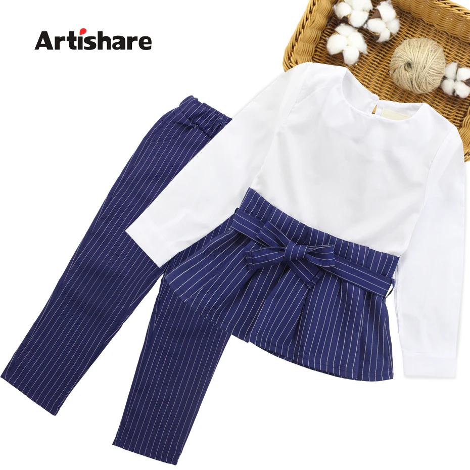 

Girls Clothes Set Patchwork Shirt Dress + Striped Pants 2PCS Children Clothing Spring & Autumn Kids Teen Clothes 6 8 10 12 13 14
