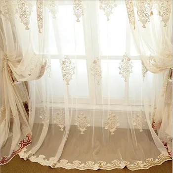 

Luxury European Embroidered Lace Sheer Tulle Curtains For Living Room Red Yellow Bottom Voile Curtains Drapes For Bedroom WP3683
