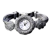 Hot Sale Top Women Sunflower Style Pave Marcasite Thai 925 Silver Wrist Watches Flowers Watch Real Pure Silver Bracelet