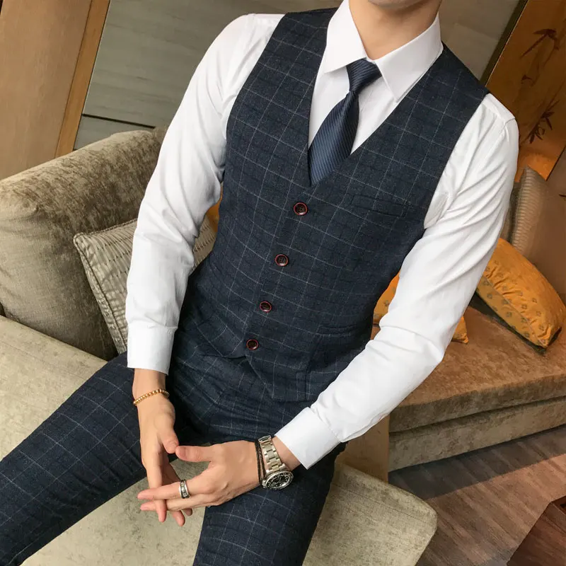 Three-piece Male Formal Business Plaids Suit for Men's Fashion Boutique Plaid Wedding Dress Suit ( Jacket + Vest + Pants ) 2019
