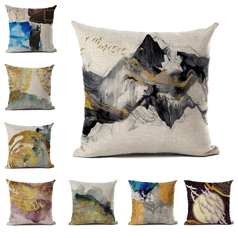 

Abstract Cushion Cover Linen Polyester Ink Mountain Peak Birds Pattern Pillowcase Sofa Car Modern Covers Home Decor Accessories