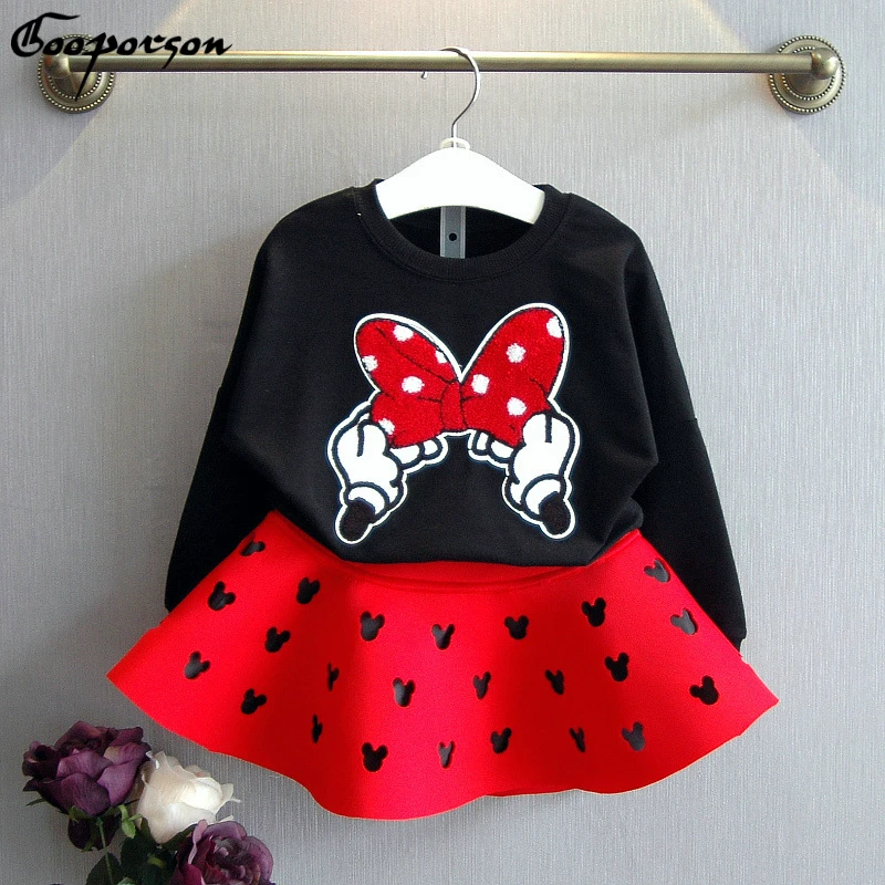 

New Girls Long Sleeve Clothes Set Fashion Bow Mickey Shirt and Hallow Out Skirt Children Clothing Suit Girls Outfits