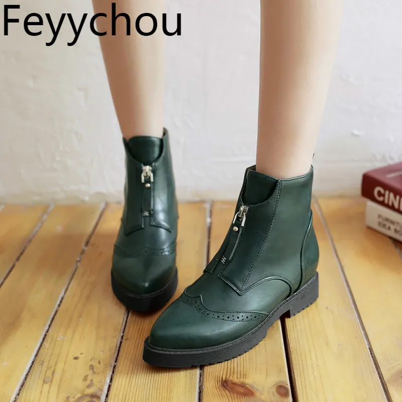 

Women Boots Autumn Winter Med Heel Warm Pu Ankle Martin Boots Pointed Toe Zip Platform 2019 New Sexy Fashion Casual Black Brown