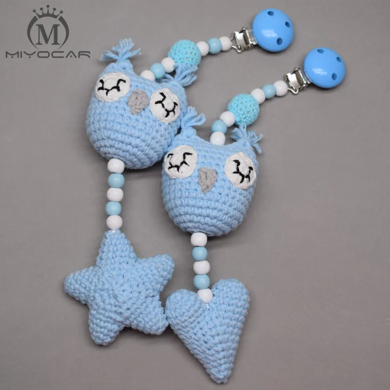 

MIYOCAR handmade wood clip cream Crochet heart and owl stroller toy chain for pram stroller mobile rattle wooden bead crochet