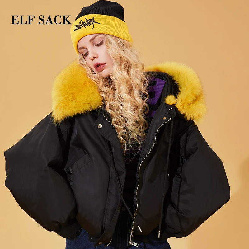 

ELF SACK Black Zip Bomber Boylish Duck Down Coat Women 2019 Winter Casual Short Stylish Female Jackets Warm Women Outwear