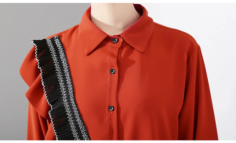 Корейский стиль женское Красное осенне-зимнее платье-рубашка миди с оборками и длинным рукавом для девушек элегантного размера плюс свободные платья 4715