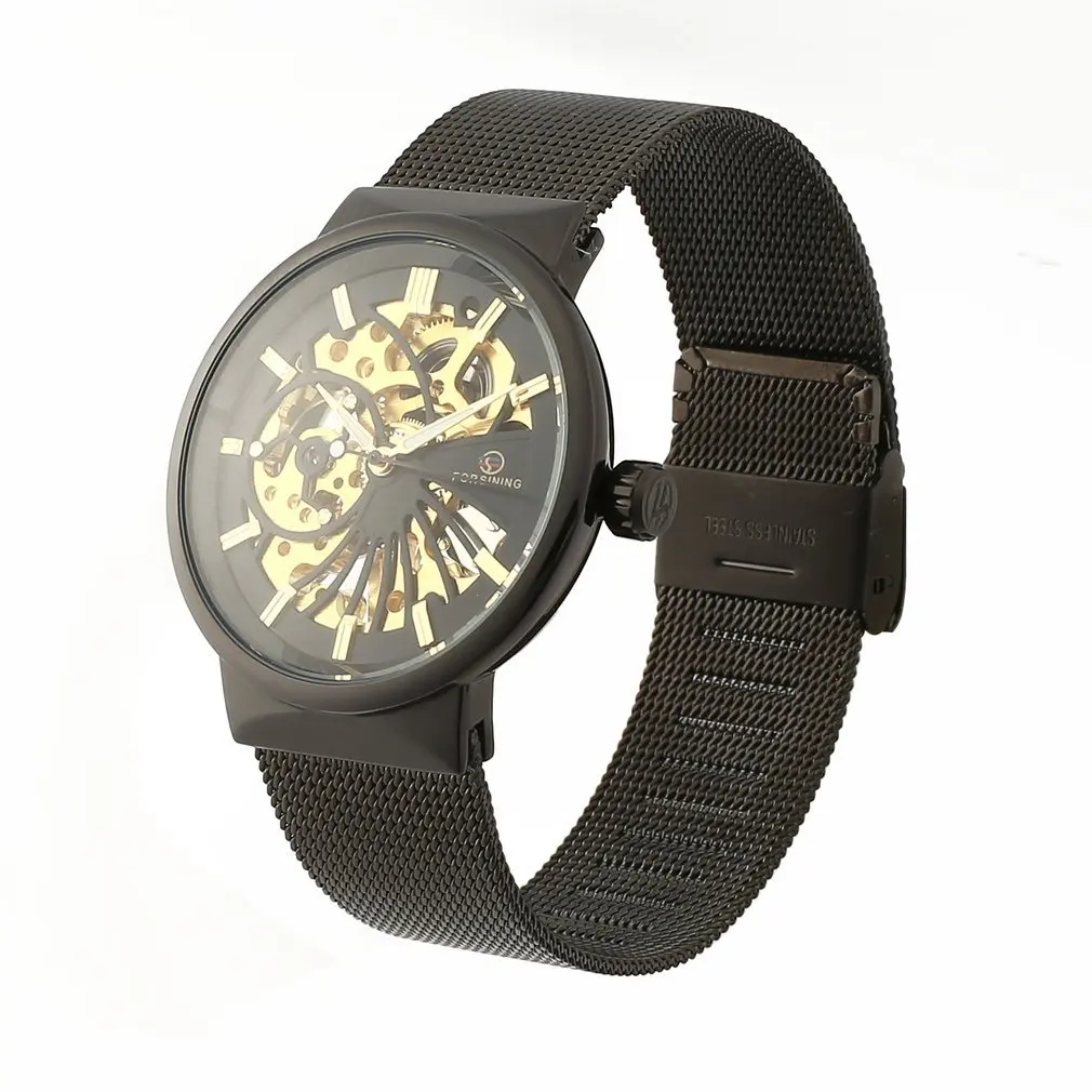 

Forsining Steel Mesh Strap Automatic Mechanical Digital Business Watches for Men Stainless Steel Case Hollow Back Wrist 2019