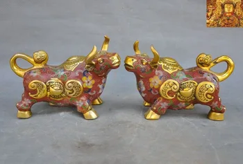 

wedding decoration Chinese Feng Shui bronze Cloisonne Gilt wealth Ruyi Zodiac animal Ox Bull statue