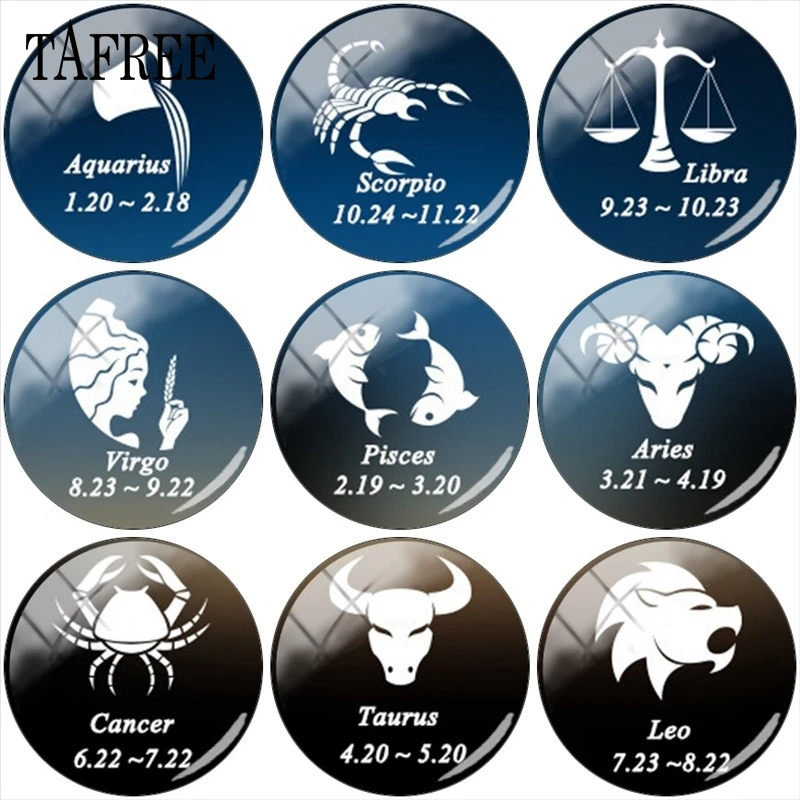 

TAFREE 12 Zodiac Design Art Picture Beads 12mm-20mm Glass Cabochon Dome Cameo Pendant Settings For DIY Accessories