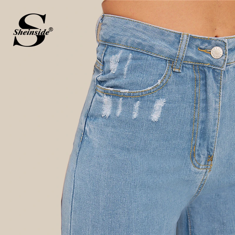 Sheinside синие винтажные джинсы с высокой талией для женщин летние рваные Широкие джинсовые брюки женские однотонные повседневные джинсы