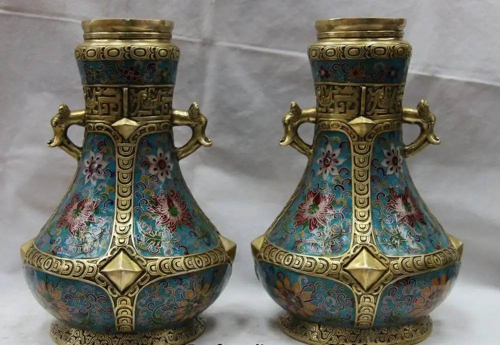 

Chinese Bronze Copper Cloisonne Peony Flower Palace Pot Flask Bottle Vase Pair