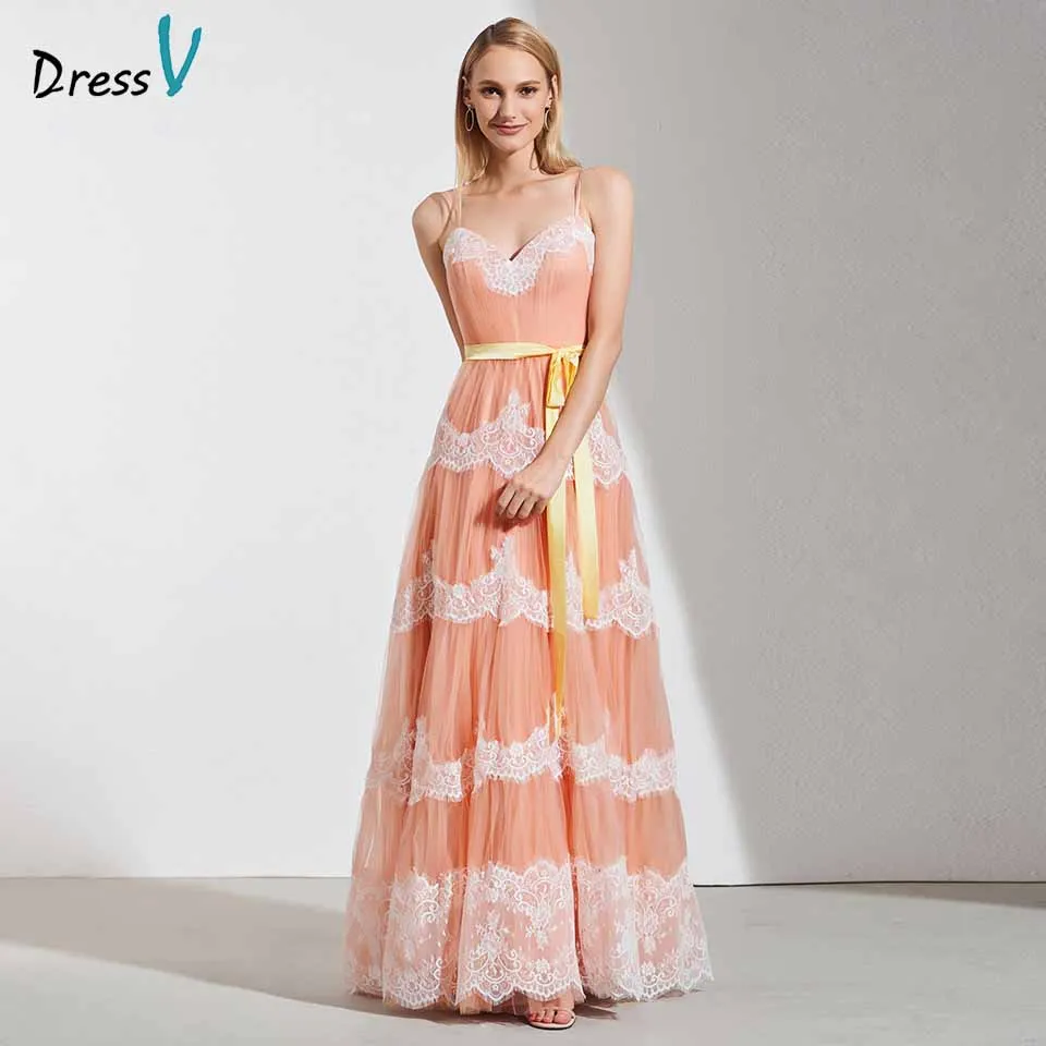 Dressv pink orange elegant evening dress spaghetti straps appliques