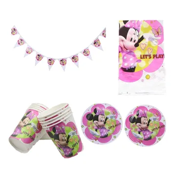 

31pcs Minnie Mouse 10plates + 10cups+ 10flags+1 tablecloth happy birthday party supplies 10person party decoration tableware set