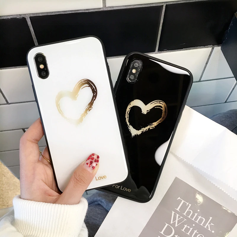 

BONVAN Tempered Glass Hard Case For iPhone X XR XS Max Heart shaped Cover For iPhone 6 6s 7 8 Plus 5 5s SE Wristband Couqe Capa