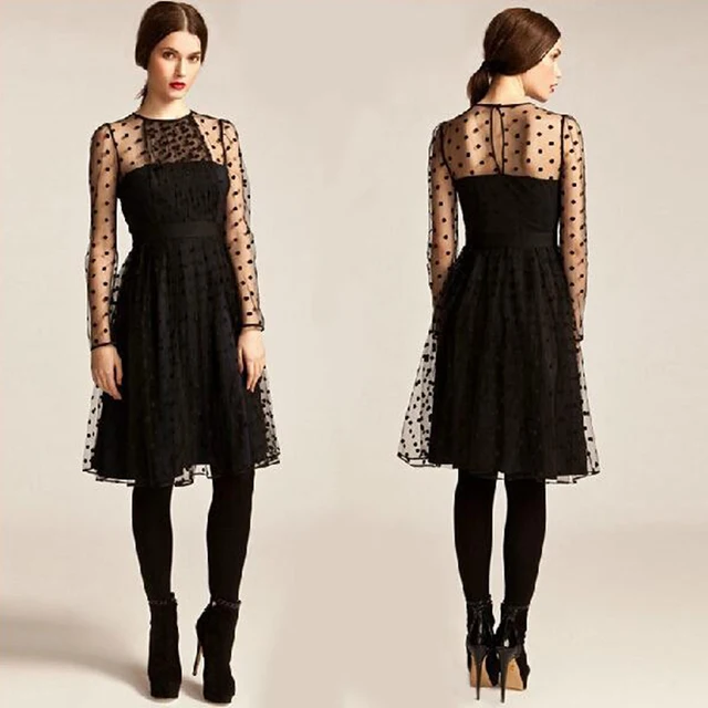 Sexy Lace Net Yarn Dresses Party Elegant Polka Dot Sheer Design Long