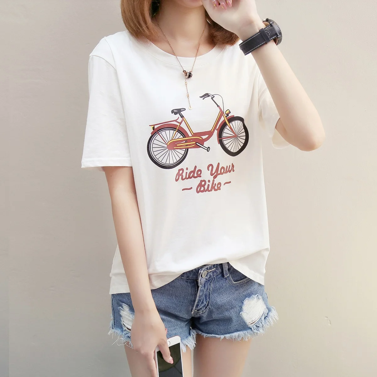 

New 2018 Summer Women Cartoon Print Bicycle Loose T-shirt Short Sleeve Tshirt Harajuku T-shirts Cute Tops Tees Clothes Plus Size
