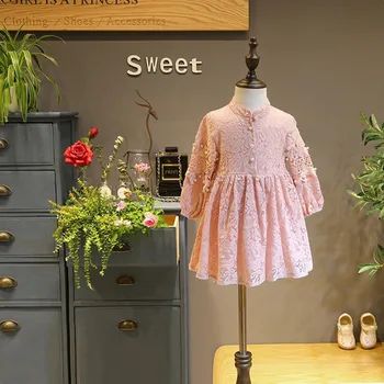 

2017 New Autumn Costume Girl Lace Pearl Princess Dress Children's Evening Clothing Lace Hollow Bridesmaid Elegant Dress for Girl
