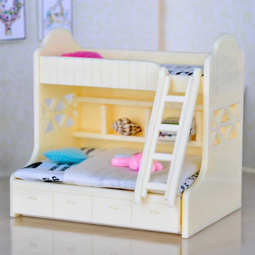 Dollhouse Bedroom Furniture Accessories White Bunk Bed with Stairs, Kids DIY Assembly Hands-on Toy Birthday Gift