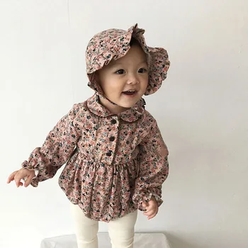 

Baby Girl's Long Sleeve Small Flowers Print 100% Cotton 2PCS with Hat Rompers Triangle Design Spring Summer Bebi Rompers