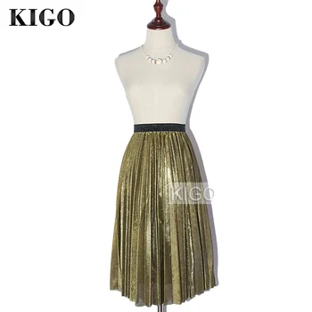 

KIGO 2016 Street Style Bright Gold Pleated Metallic Skirt High Waist Midi Skirt Autumn Winter Sliver Flared Party Skirt KZ3086H