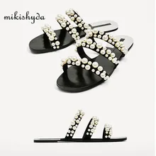 2017 summer beach dresses shoes pearl beads sandals thin belt roman flat women flip flops casual slippers fashion