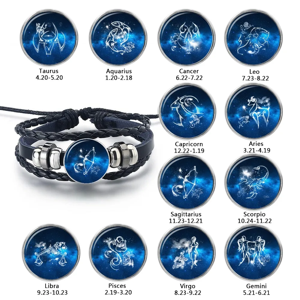 

12 Constellation Bracelet Zodiac Capricorn Cancer Aries Gemini Sign with Beads Men Women Unisex Braided Black Leather Bracelets