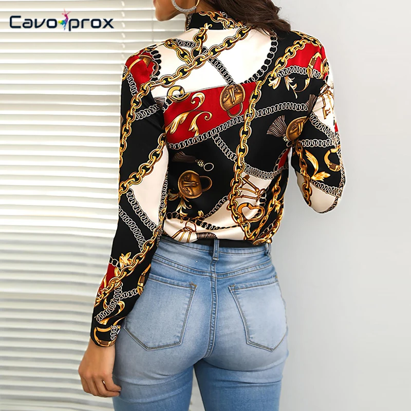 والنساء مرتبطة سلسلة عنق طباعة عارضة قميص بدوره إلى أسفل طوق طويل الأكمام صالح سليم مكتب سيدة الشارع ارتداء الربيع الخريف قميص