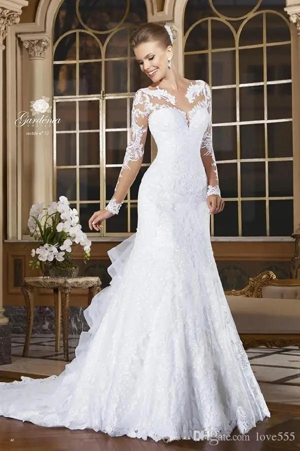 2016 White Women Long Gown Vestido De Novia Marriage Lace Formal 2016 White Women Long Gown Vestido De Novia Marriage Lace Formal Saudi Arabia Wedding Bridal Dresses Sheer Back Full Sleeves In From