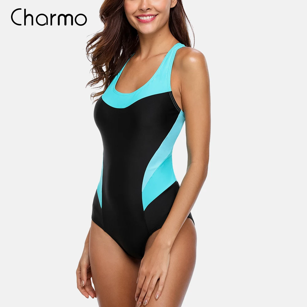 Charmo цельный женский спортивный купальник Цветные Блоки Лоскутная пляжная одежда