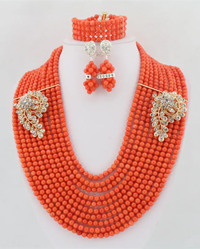 

2019 Nigerian Wedding African Coral Beads Jewelry Sets African Beads Necklace Bracelet Earrings Set Bridal Jewelry Set N9983