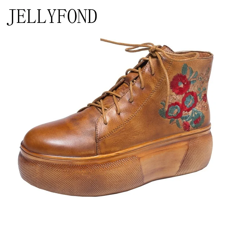 

JELLYFOND Floral Embroidery Ankle Boots Women Genuine Leather Shoes Lace Up Platform Wedge Boots 2018 Vintage Punk Combat Boots