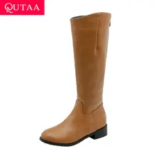 QUTAA/ г. Повседневные ботинки до середины икры с круглым носком на платформе и молнии высокие сапоги из искусственной кожи Модная женская обувь на низком квадратном каблуке размер 34-43