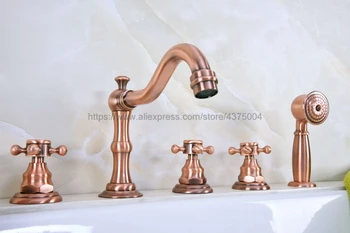 

Antique Red Copper Deck Mounted 3 Handles Bathroom Tub Faucet 5 Holes Hand Shower Sink Mixer Tap Ntf222