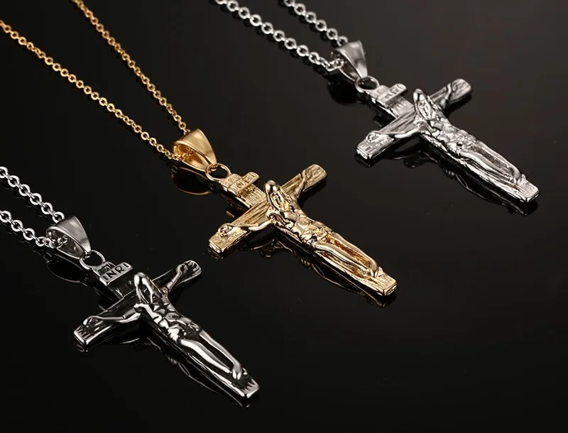 Jesus on Cross Necklace in Stainless Steel Gold, Black, Goldin Pendant