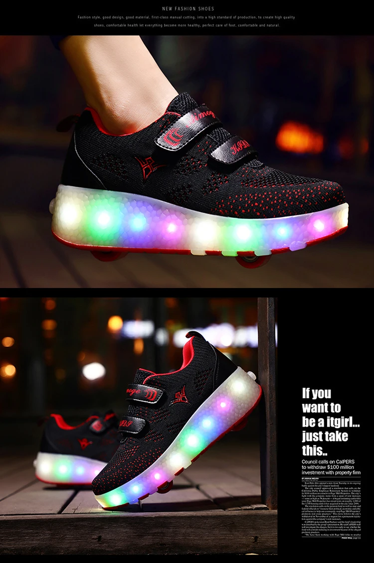 Sapatos para Crianças Tênis com Rodas Usb de Carregamento Preto Rosa Cinza Moda Meninas Meninos Led Luz Rolo Skate Crianças Duas Rodas 26 Mamãe e Bebê