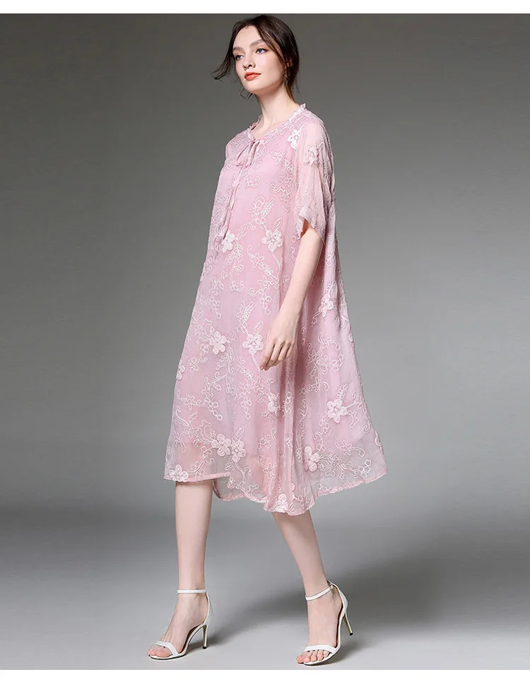 Розовое синее шифоновое платье, летнее платье размера плюс, женское платье с оборками и v-образным вырезом, свободное элегантное платье трапециевидной формы с цветочной вышивкой, платье миди