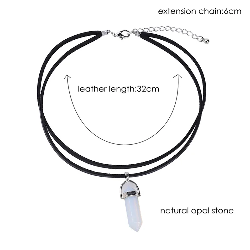 2018 New Arrival Leather Choker Necklace Black Color Natueal Stone Pendant Necklace Hexagonal Column Quartz Necklaces (4)