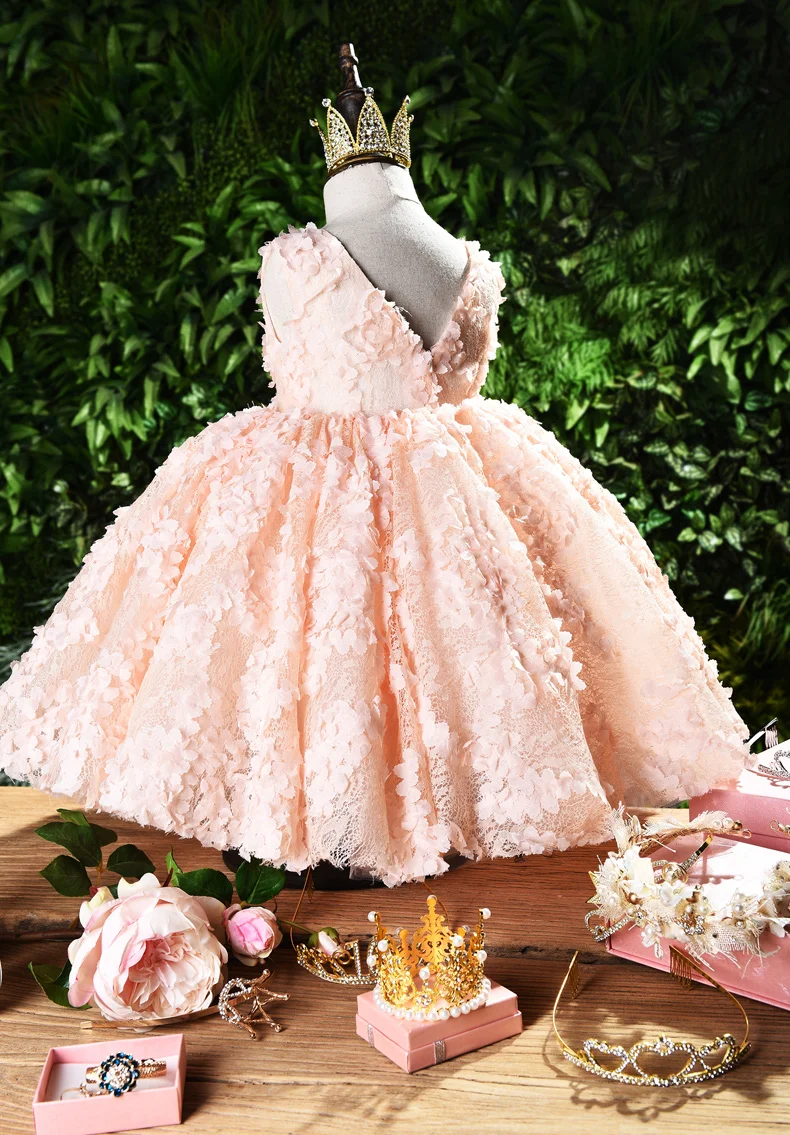 Летнее платье для малышей, розовое кружевное платье на крестины для маленьких девочек, платье с аппликацией для маленьких девочек на день рождения, платье для крещения, костюм принцессы