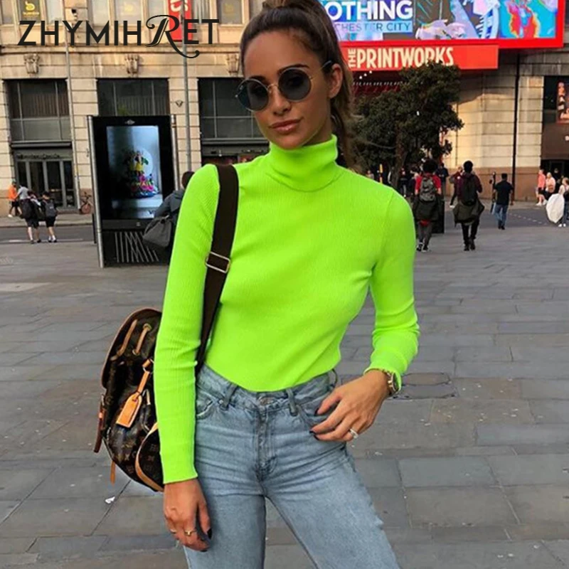 ZHYMIHRET 2018 الخريف الشتاء النيون اللون مضلع T قميص المرأة كم طويل الياقة المدورة التي شيرت الأزياء محبوك قمم المحملة فام