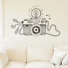 EHome Creative Smile Light Bulb Camera Wall Stickers Design Cartoon Home Decor Vinyl Sticker Wall Decals