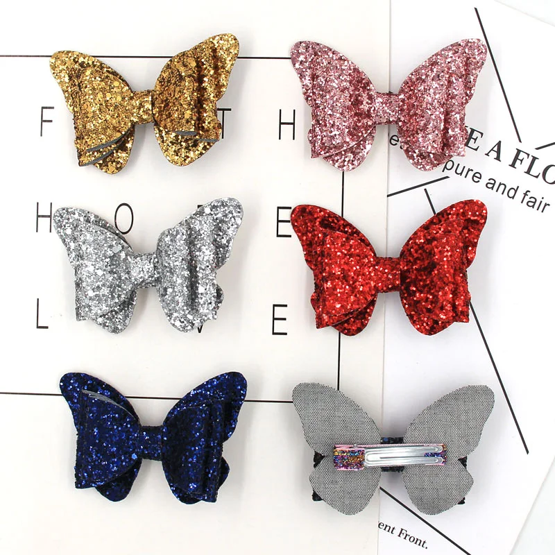 

6pcs/lot Sequins Butterfly Hair Bows on Clip Sparkly Glitter Hairbows Kids Pins Girls Headdress Hair Accessories