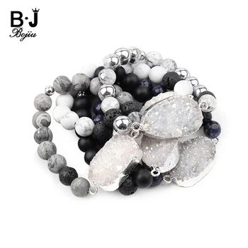 

BOJIU Elastic Natural Stone Pear Druzy Charm Bracelets For Women Handmade 8mm Agates Howlite Onyx Lava Beads Bracelet Gift BC283