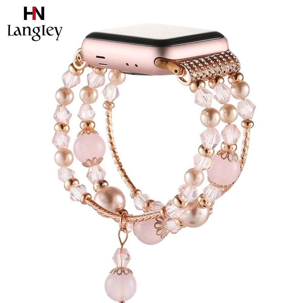 

Women Link Bracelet Band Jewlry Pearl Strap for Apple Watch1 2 3 4 5 38mm/40/42mm/44mm Replacement Beaded Ladies Elastic Strap