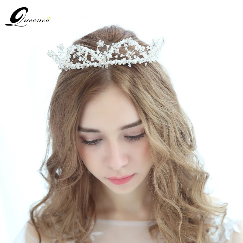 

QUEENCO Bridal Shinny Crystal Princess Crown Tiara Pearls Headband Jewelry Ornament Handmade Hair Vine Wedding Hair Accessories